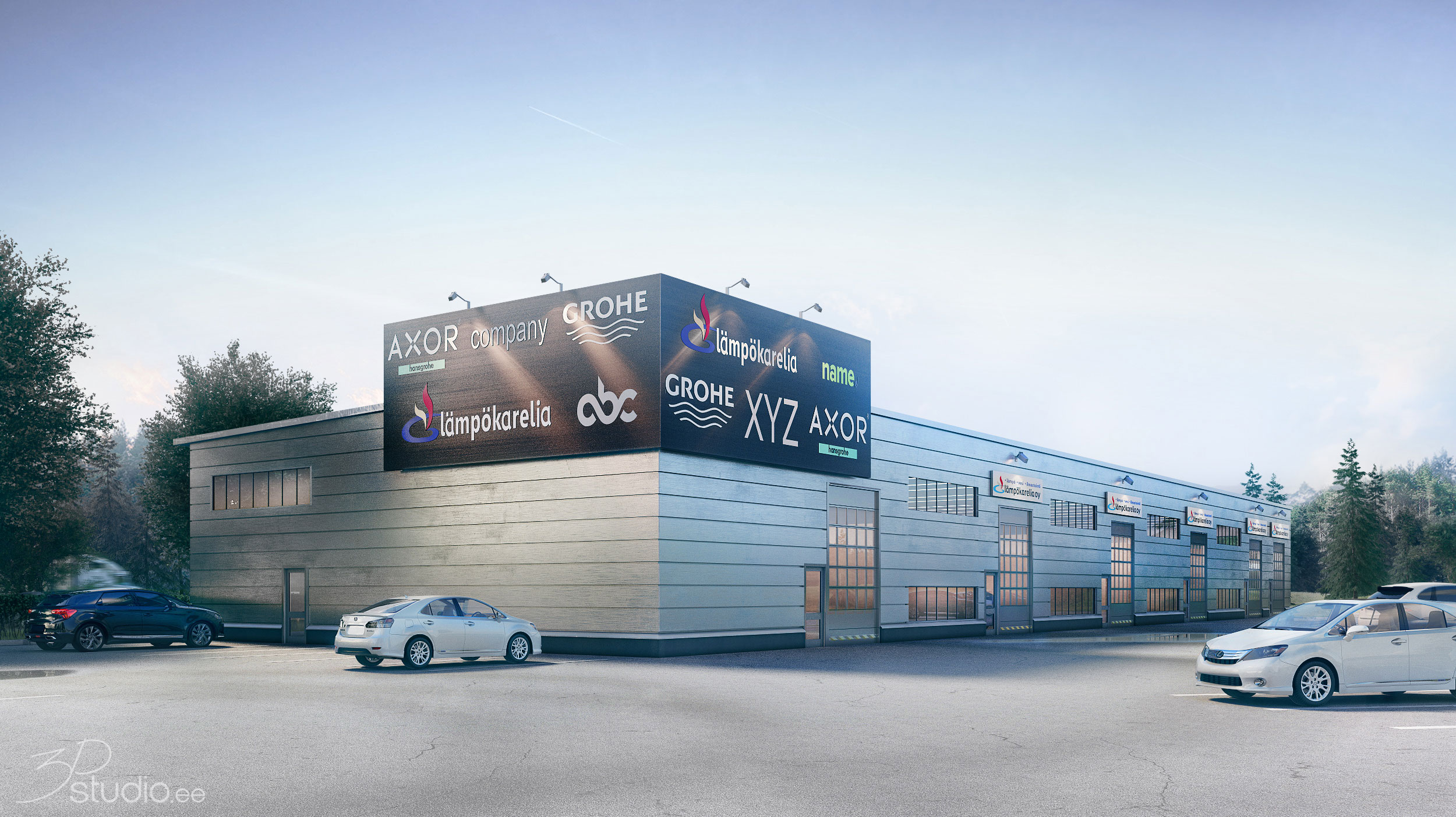 warehouse, workshop, exterior, render, finland